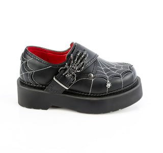Side view of black platform oxford shoe Demonia Rebel-03 with spiderweb stitching, skeleton hand buckle stra and red interior on a white background