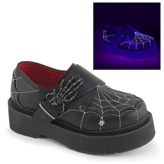 Demonia Rebel-03 black platform oxford shoe with spiderweb stitching and skeleton hand buckle details. It also showing UV reaction.
