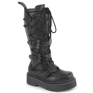 Demonia Rebel-200 black gothic style knee-high platform combat boot.
