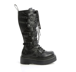 Demonia Rebel-200 gothic knee high combat boots outer side view.