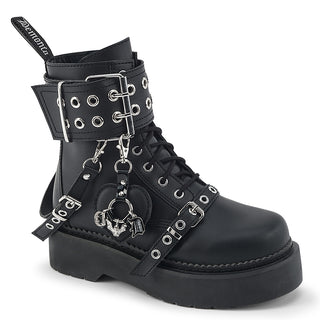 Demonia Rebel-52 black platform combat ankle boots with buckle strap and removable metal charms