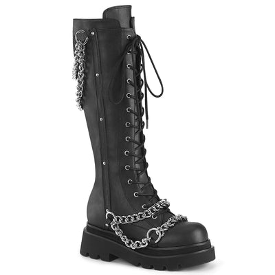 Black knee-high platform boot with silver chains and lace-up front – Demonia Renegade-215-1
