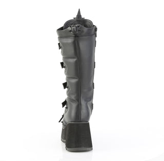 Back view of Demonia SCENE-157 black knee-high platform boots with sculpted horn detail and matte finish