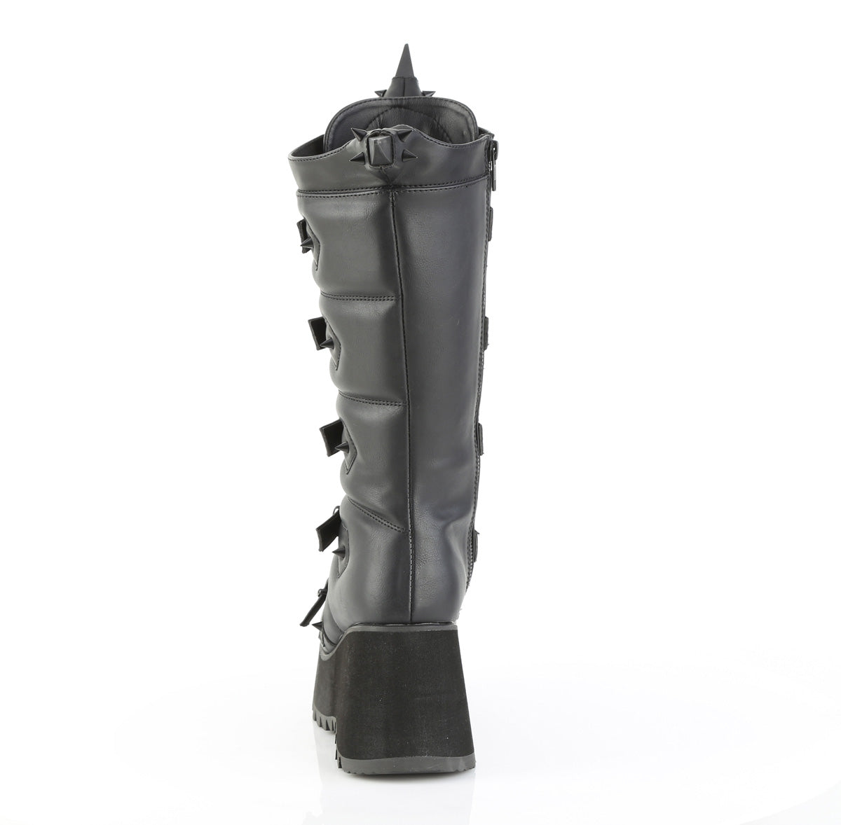 Back view of Demonia SCENE-157 black knee-high platform boots with sculpted horn detail and matte finish
