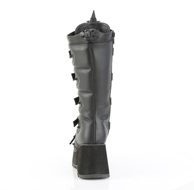 Back view of Demonia SCENE-157 black knee-high platform boots with sculpted horn detail and matte finish