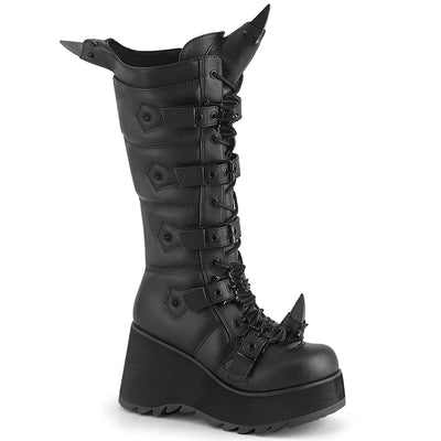 Demonia SCENE-157 black knee-high platform boots with bat-shaped buckles and rubber horn details