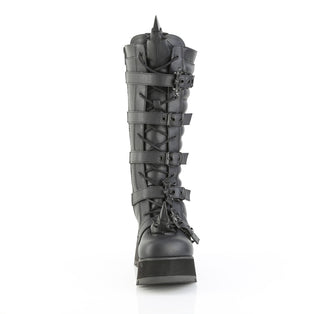 Front view of Demonia SCENE-157 black knee-high platform boots with bat-shaped buckles and horn detailing