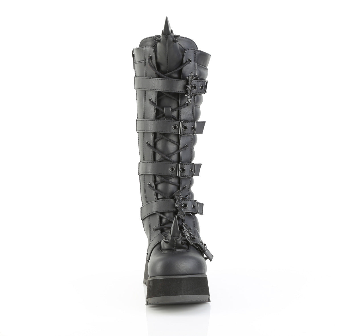 Front view of Demonia SCENE-157 black knee-high platform boots with bat-shaped buckles and horn detailing