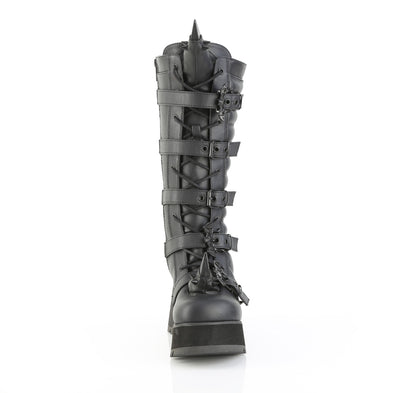 Front view of Demonia SCENE-157 black knee-high platform boots with bat-shaped buckles and horn detailing