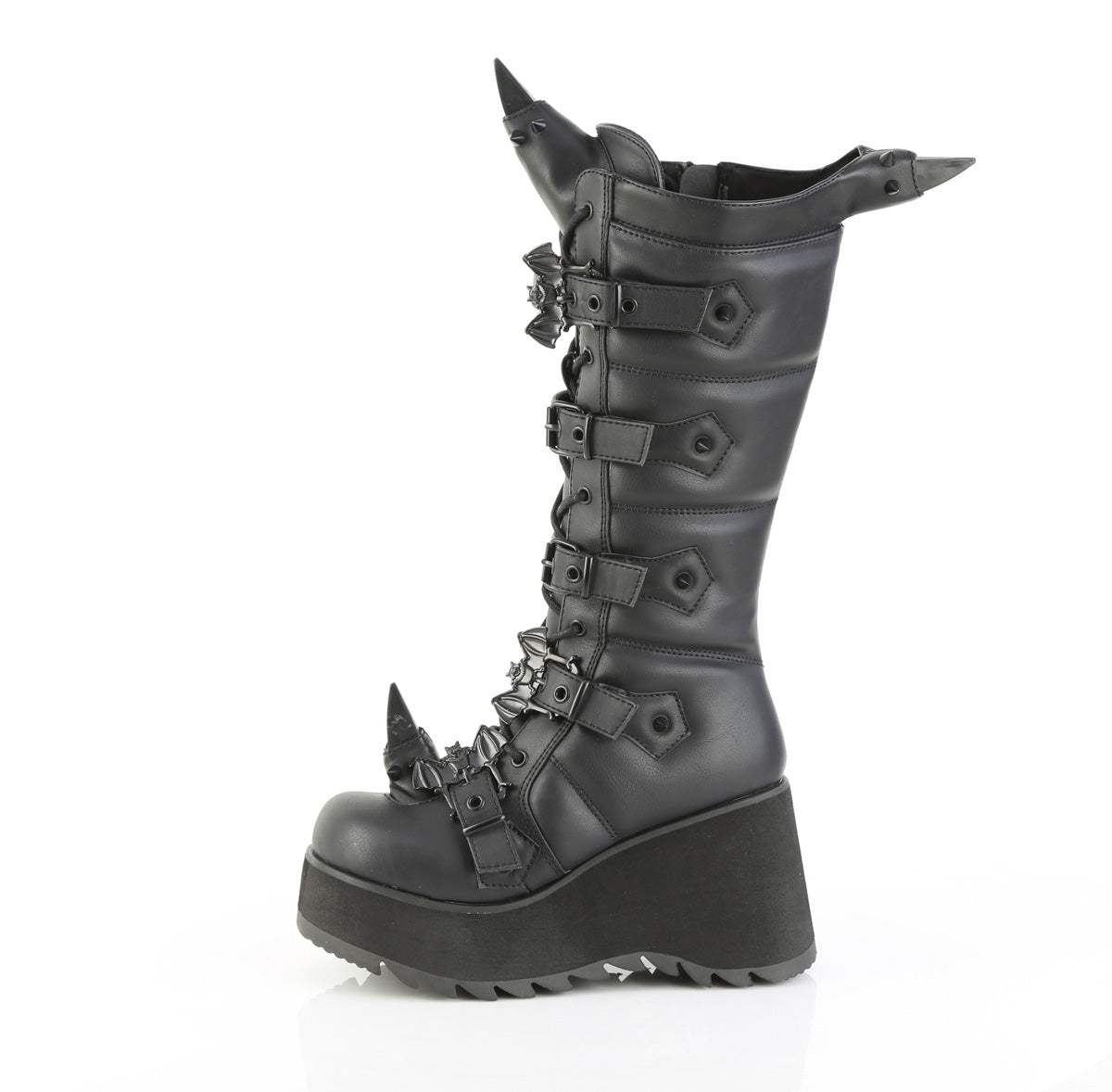 Inner side view of Demonia SCENE-157 black knee-high platform boots with bat-shaped buckles and sculpted horn details