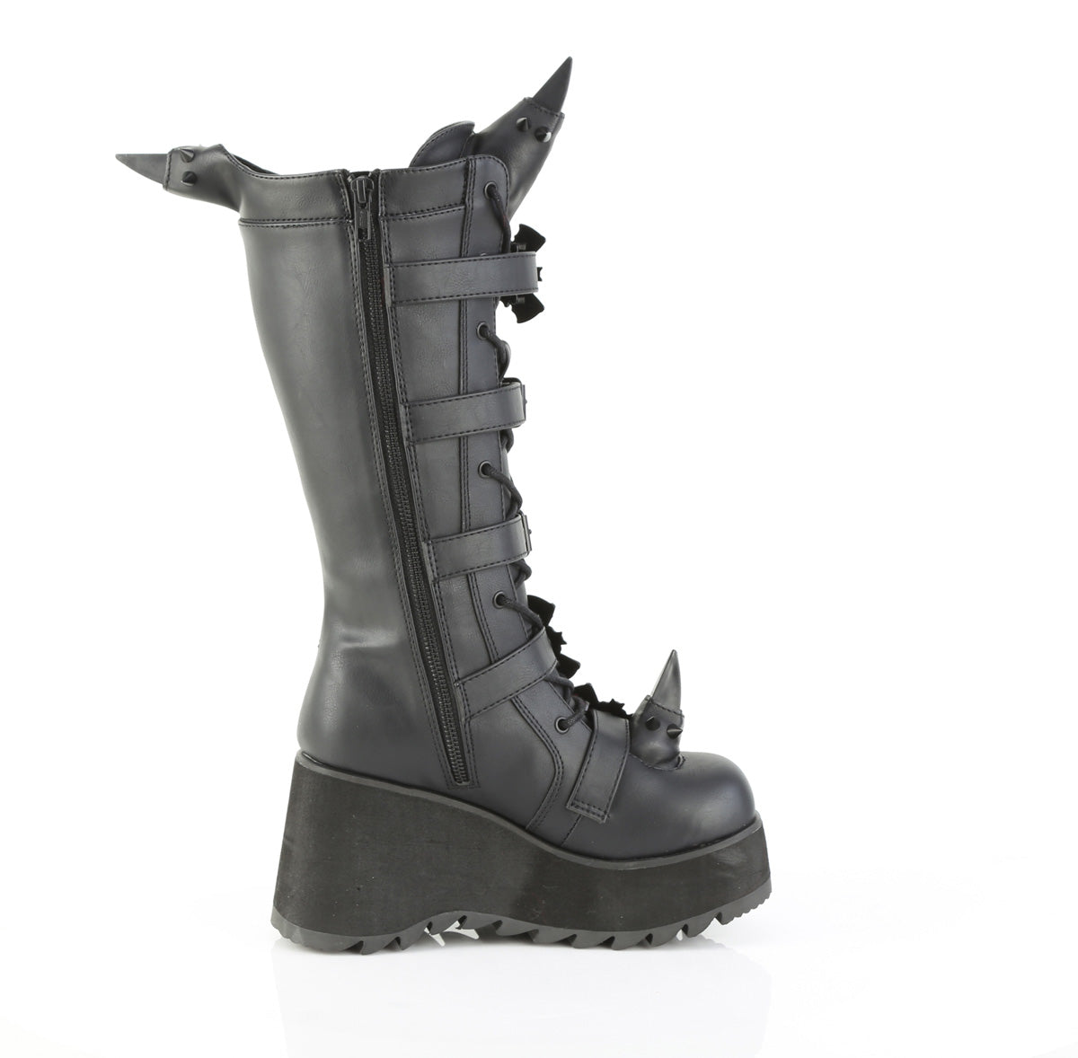 Outer side view of Demonia SCENE-157 black knee-high platform boots with bat-shaped buckles, inner zipper, and rubber horn details