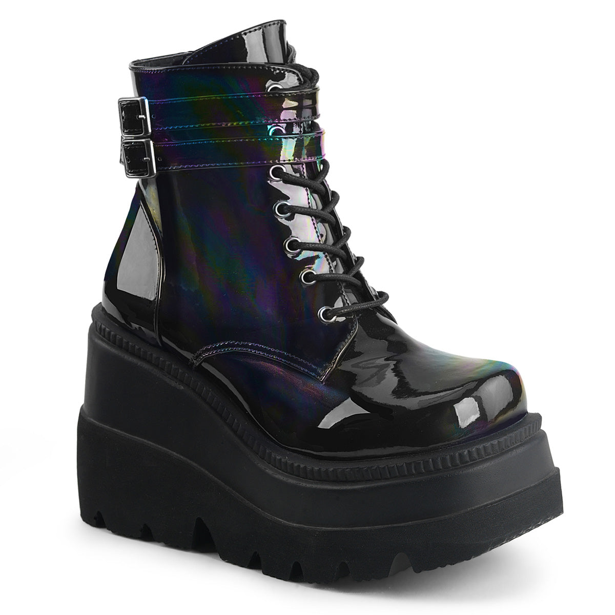 Black holographic Demonia platform boot with wedge sole and double buckle straps, displayed on a white background.