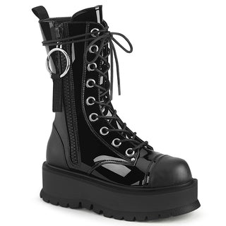 Demonia Slacker-220 black mid-calf platform boots with mixed glossy and matte finish, lace-up front, side zip with O-ring pull, and chunky platform sole.
