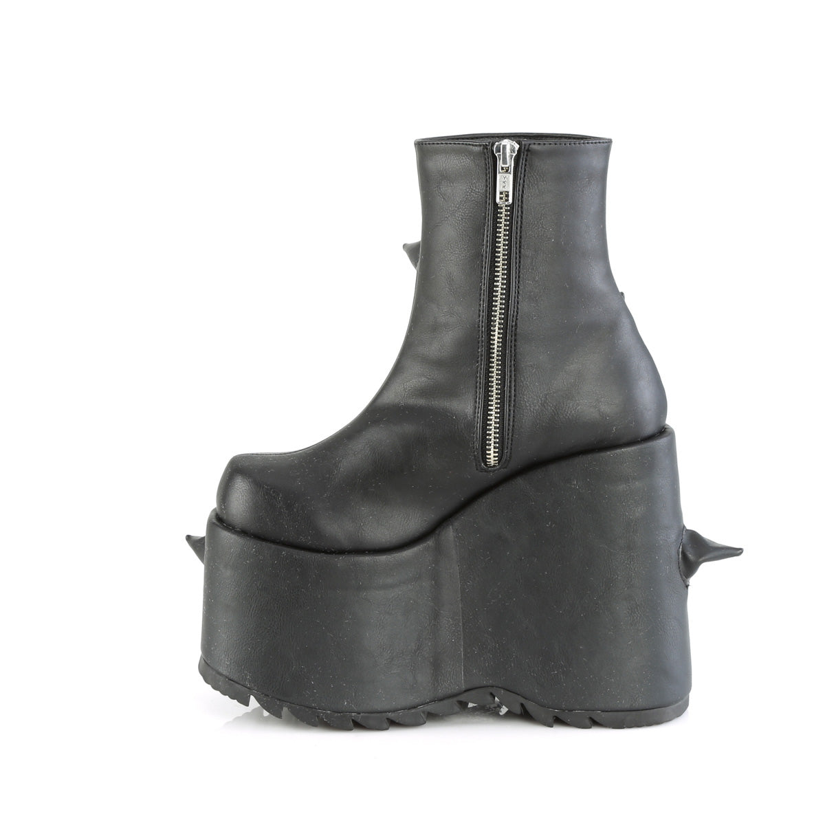 Inner side view of the Demonia Slay-77 black pu boot with side zipper and curved black spikes on a high platform wedge