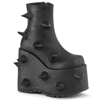 Demonia Slay-77 black matte platform boots with soft curved spikes and a 7-inch wedge sole