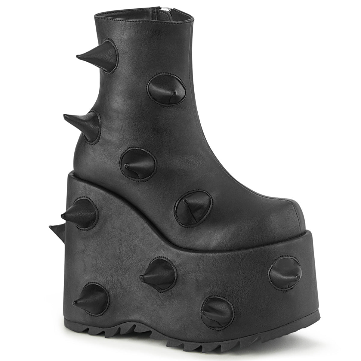 Demonia Slay-77 black matte platform boots with soft curved spikes and a 7-inch wedge sole