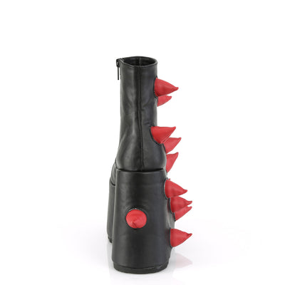 Back view of the Demonia Slay-77 platform boot in black with red spikes running up the heel and back seam, showcasing the curved wedge design.