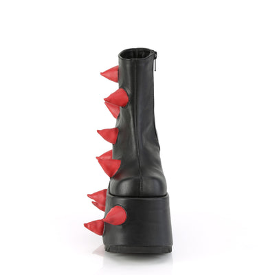 Front view of the Demonia Slay-77 platform boot in black PU with red puff spikes and a dramatic curved wedge sole.