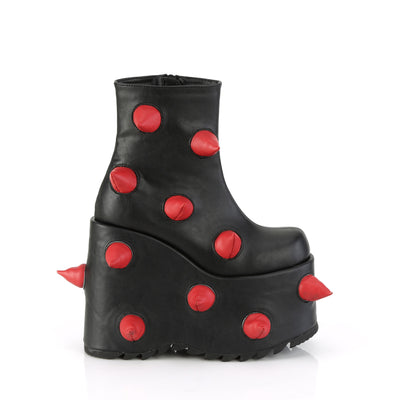 Demonia Slay-77 platform boot in matte black with red soft spike accents, exaggerated curved wedge sole, and inner side zipper.