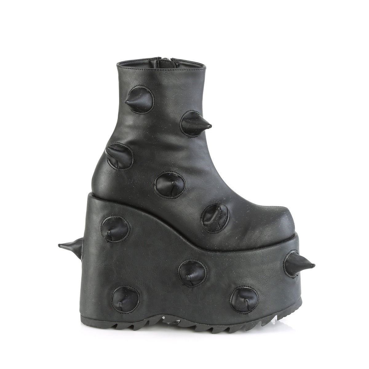 Side view of the Demonia Slay-77 black matte platform boots with soft curved spikes