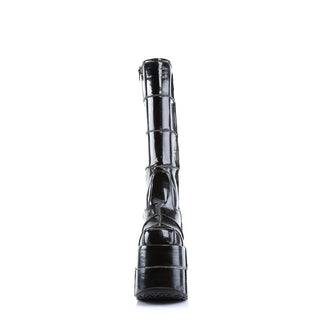 front view of demonia stack-301 black platform boots
