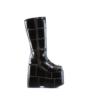 inner side view of demonia stack-301 black pa platform boots showing zipper