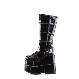 outer side view of demonia stack-301 black pa platform boots