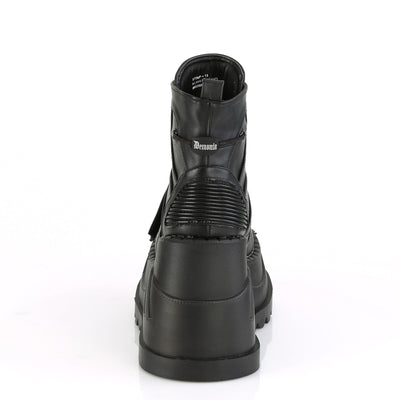 Demonia Stomp-13 black wedge platform ankle boot with quilted back panel and logo detail, back view on white background.