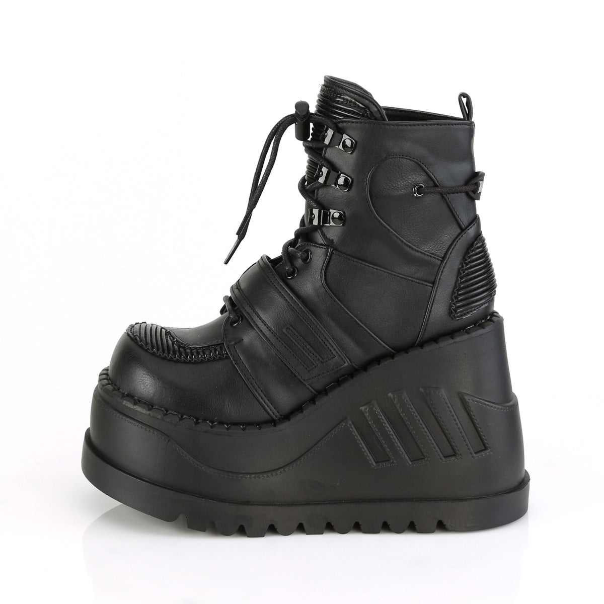 Demonia Stomp-13 black wedge platform ankle boot with lace-up front, hook-and-loop strap, and quilted panels, side view on white background.
