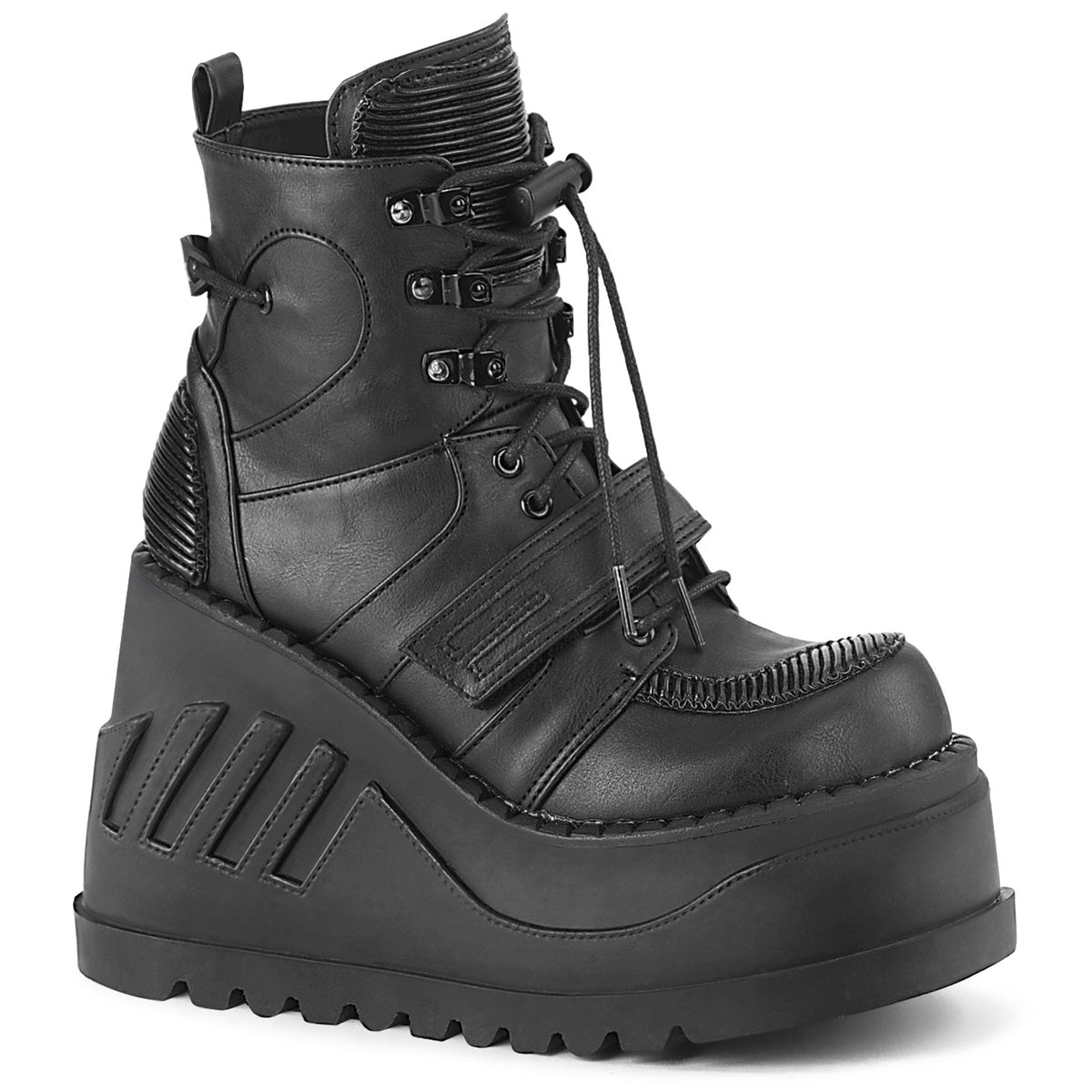 Demonia Stomp-13 black wedge platform ankle boot with lace-up front, hook-and-loop strap, and quilted panels, side view on white background.