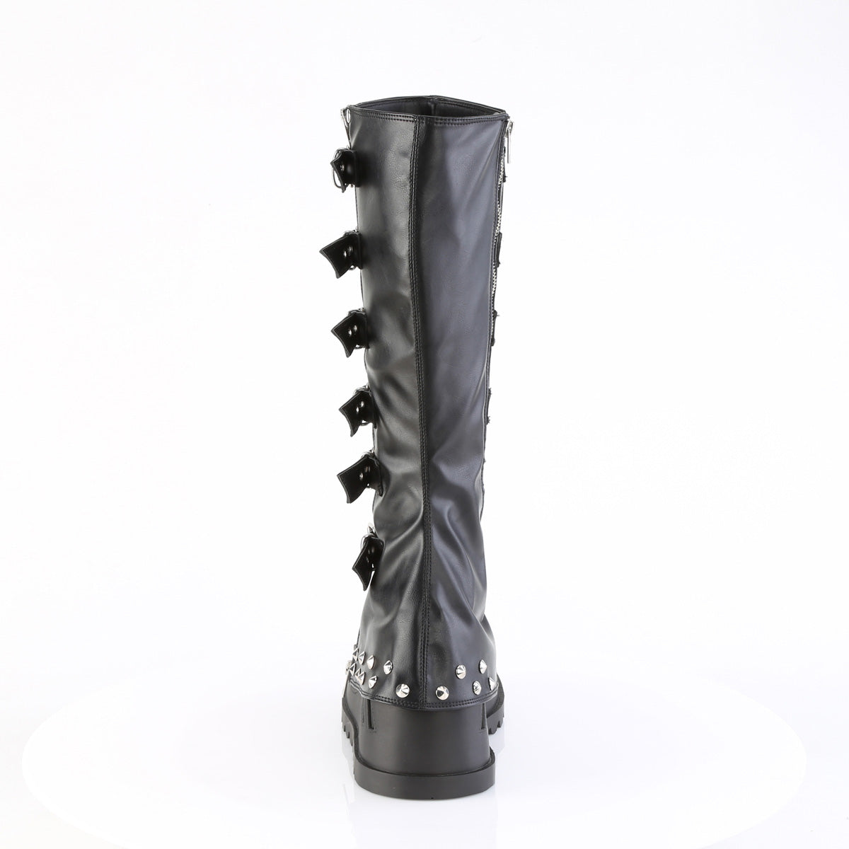 Back view of Demonia Stomp-223 black platform boots with studded heel trim and visible buckle strap ends
