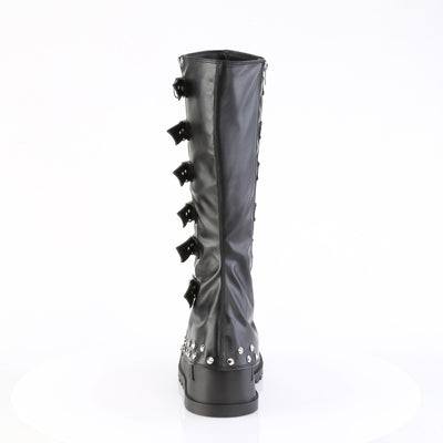Back view of Demonia Stomp-223 black platform boots with studded heel trim and visible buckle strap ends