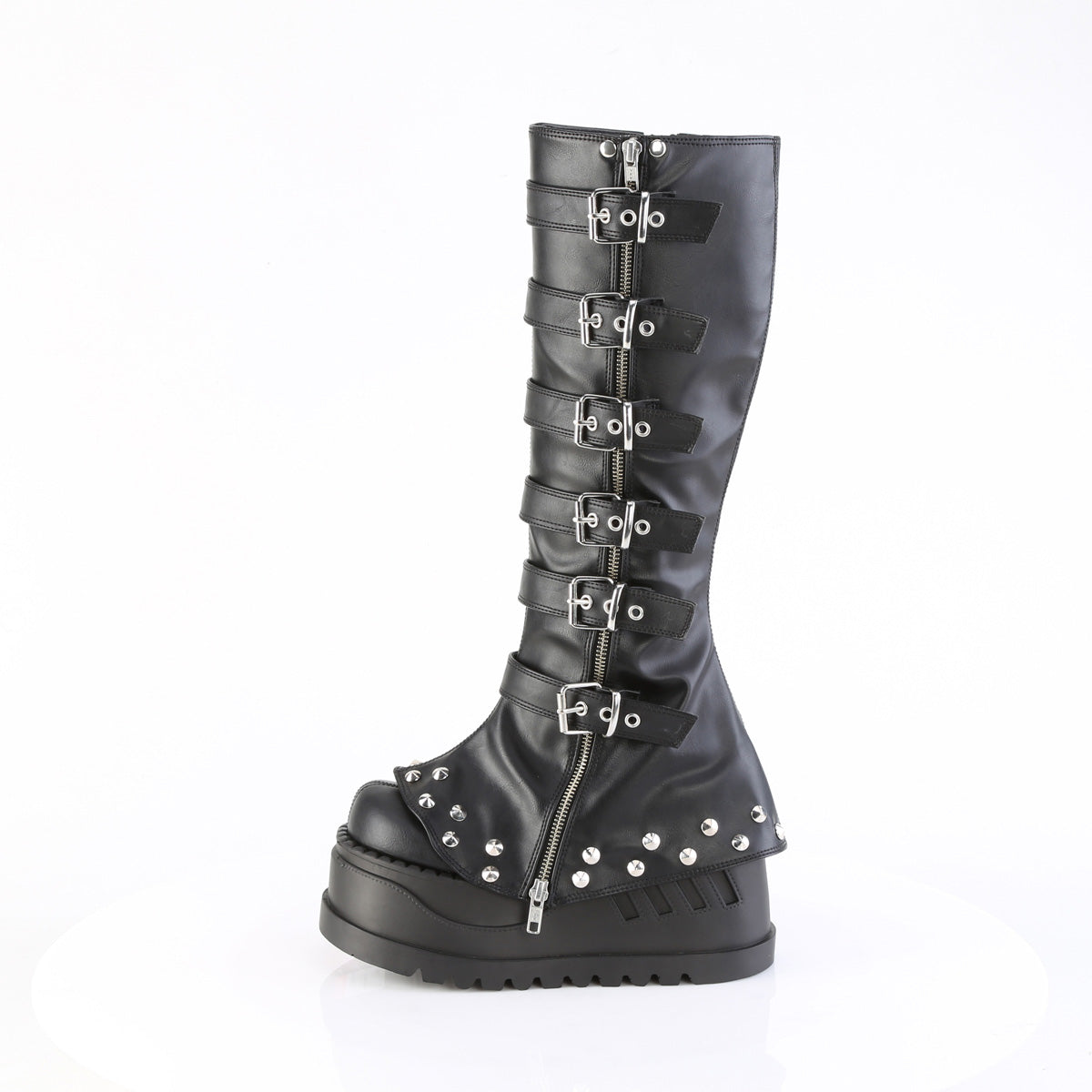 Side view of Demonia Stomp-223 black platform boots showing buckle straps, front zipper, and studded trim