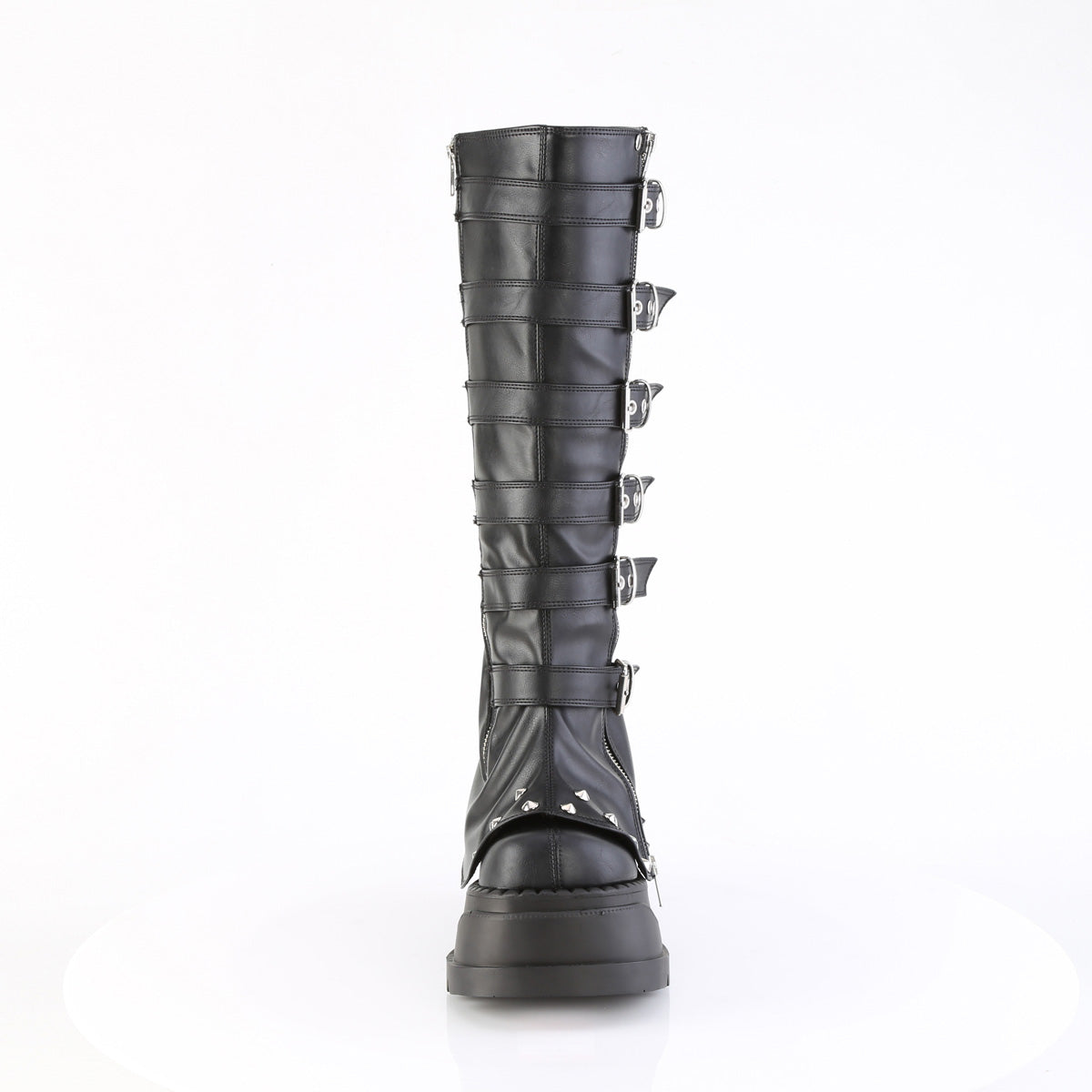 Front view of Demonia Stomp-223 black platform boots with buckle straps and studded toe panel