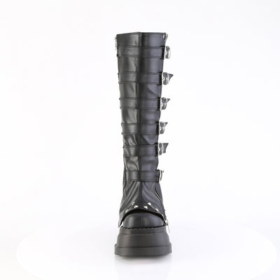 Front view of Demonia Stomp-223 black platform boots with buckle straps and studded toe panel