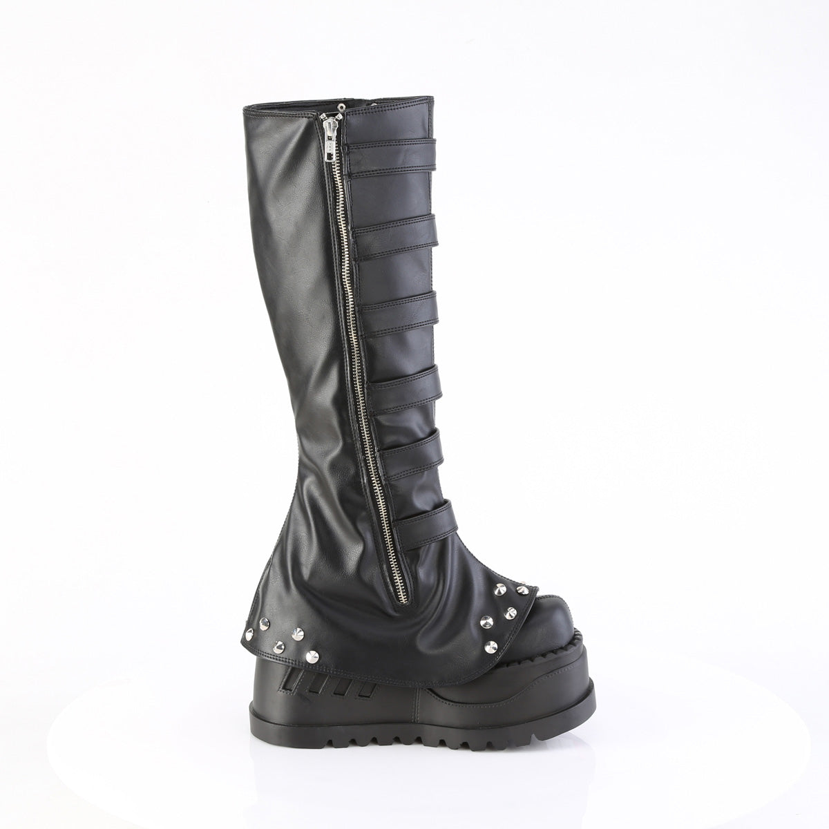 Side view of Demonia Stomp-223 black platform boots with buckle straps, outer zipper, and studded trim