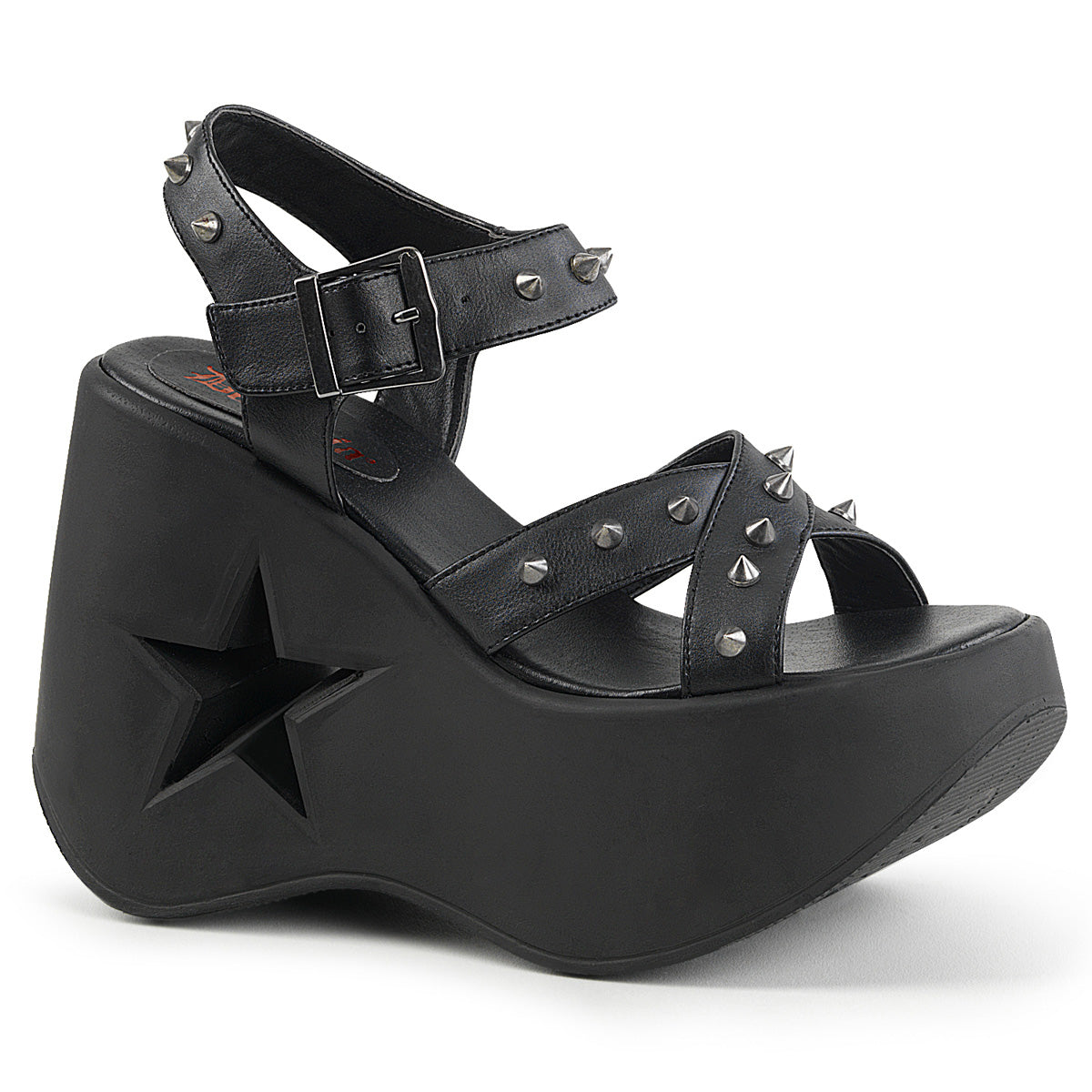 Chunky black wedge sandal with multiple studded straps and star detail.