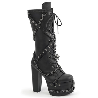 demonia torment-156 knee high block heel platform boots with chains, spiked ball and harness design.