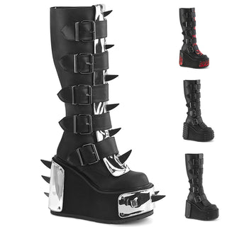 Demonia Transformer-800 black knee-high wedge platform boots with buckles and interchangeable front