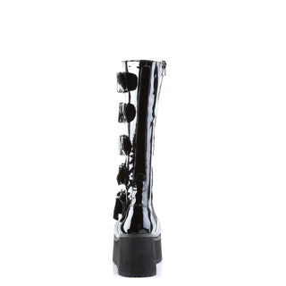 Demonia Trashville-518 black patent knee high platform boots back view