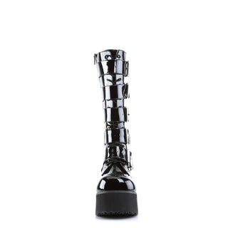 Demonia Trashville-518 black patent knee high platform boots front view