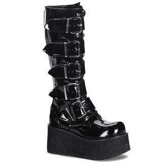Demonia Trashville-518 black patent knee-high platform boots with five buckle straps