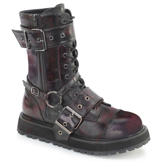 Black and burgundy distressed combat boots with buckle straps, lace-up front, and chunky tread sole on a white background