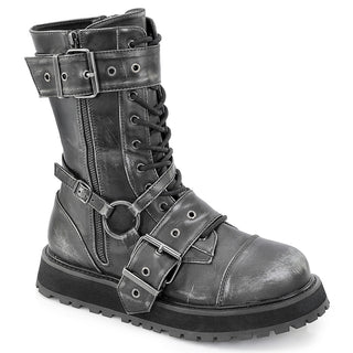 Demonia Valor-220 black and silver distressed combat boots with oversized buckle straps and lace-up front