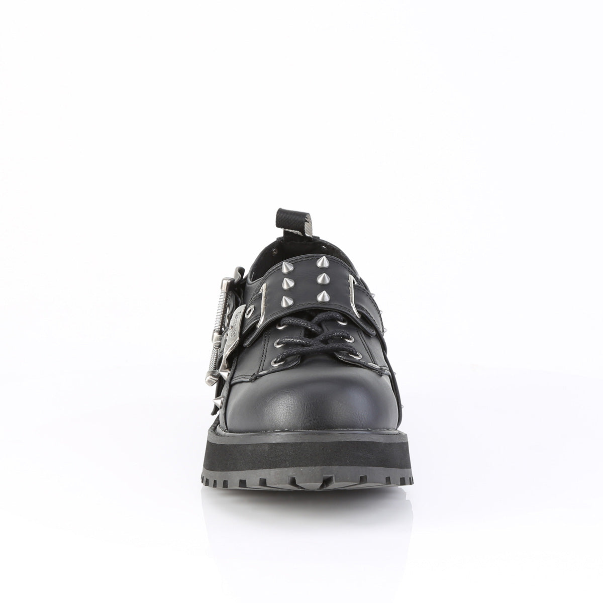 Front view of Valor-38 oxford showing lace-up and studded toe shield