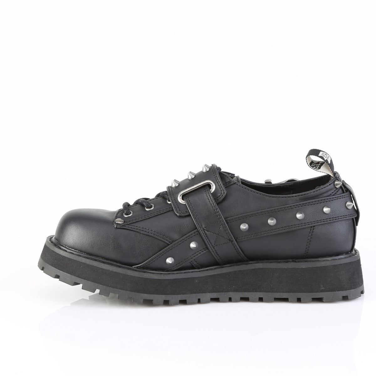 Side view of Demonia Valor-38 showing black vegan leather and platform sole
