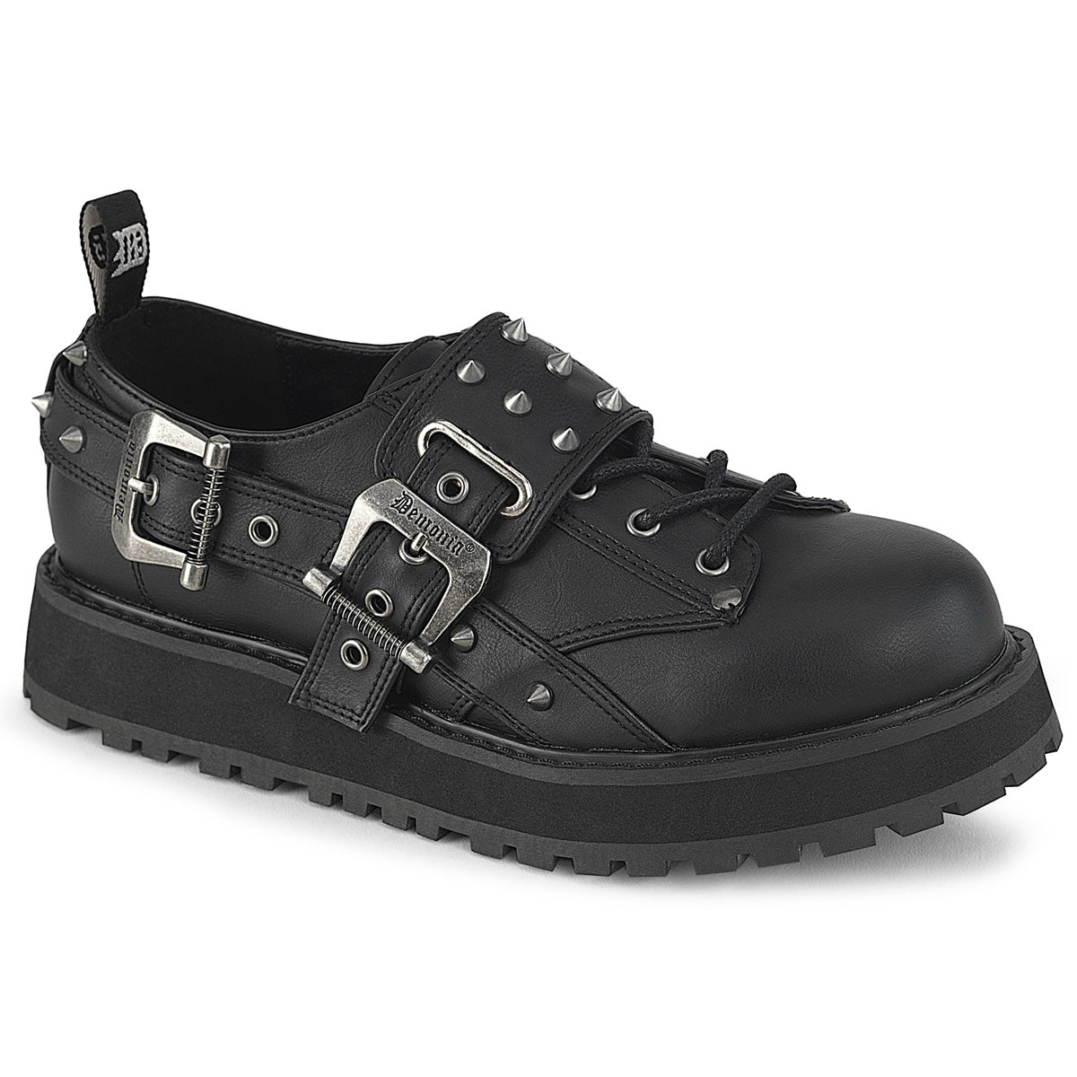 Demonia Valor-38 black platform oxford with cone studs and double buckle