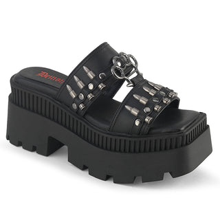 Black Demonia Wrath-08 platform sandals with studded double straps, decorative metal knuckle detail, and chunky flat platform sole