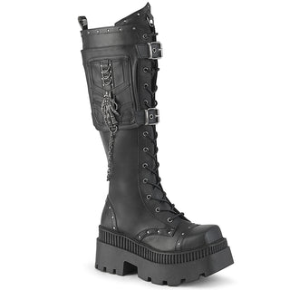 demonia wrath-205 knee high platform boots with skeleton hand, chain and side pocket details.