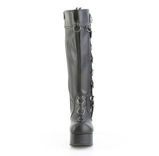front view of demonia charade-211 knee high platform boots showing round toe and o-ring at the top